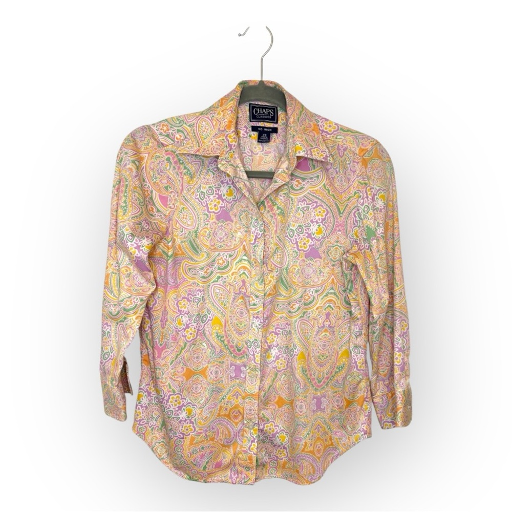 Ralph Lauren Chaps Pink Yellow Paisley Button Down Shirt Boho Preppy XS